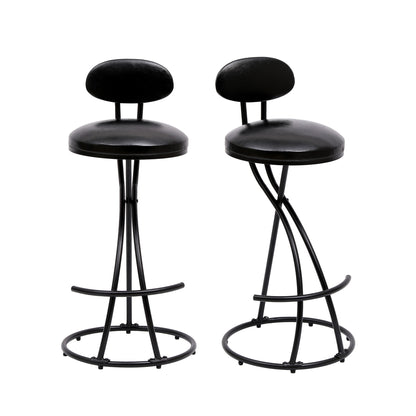 Set of 2 modern PU leather bar stools with round cushioned seats, small backrests, and metal frames featuring curved intersecting legs and circular footrests—perfect upholstered counter height chairs for your kitchen island.