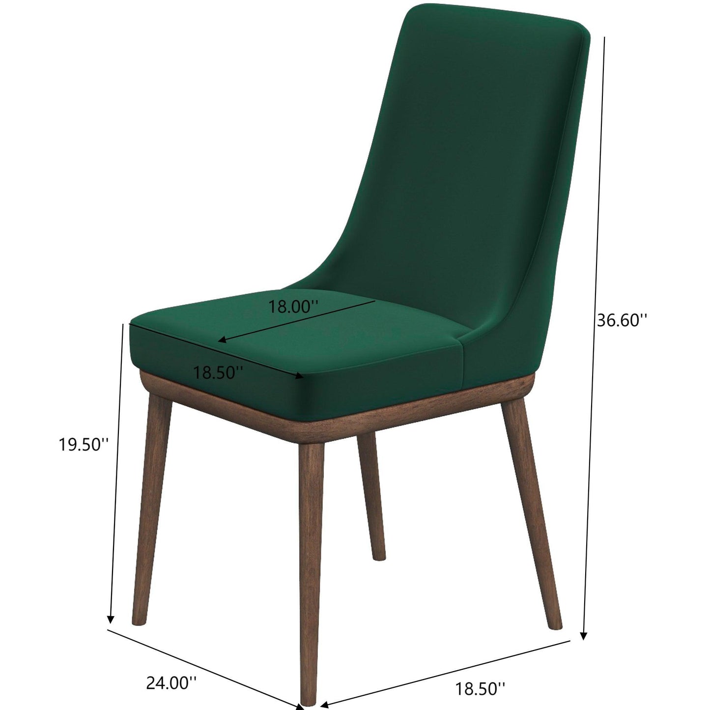 The Kate Mid-Century Modern Dining Chair (Set of 2) is shown angled, featuring green upholstery and wooden legs. Dimensions: seat height 19.5", width 18.5", depth 18"; overall height 36.6", depth 24", width 18.5".