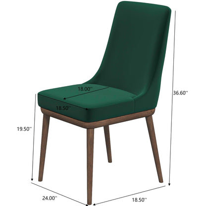 The Kate Mid-Century Modern Dining Chair (Set of 2) is shown angled, featuring green upholstery and wooden legs. Dimensions: seat height 19.5", width 18.5", depth 18"; overall height 36.6", depth 24", width 18.5".