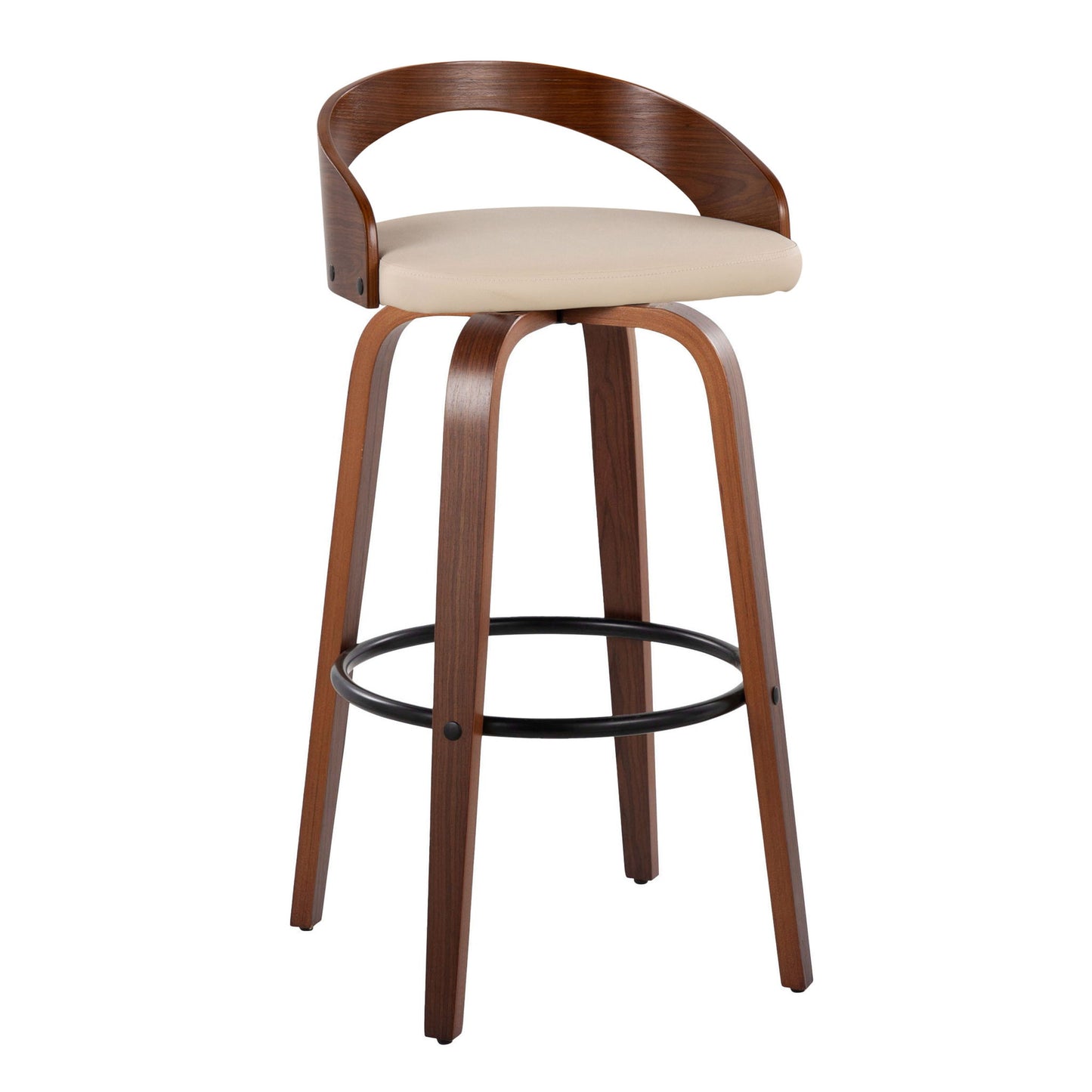 The Grotto Mid Century Modern Fixed Height Barstool (Set of 2) features a curved backrest, beige cushioned seat, four bent wood legs, and a round black metal footrest.