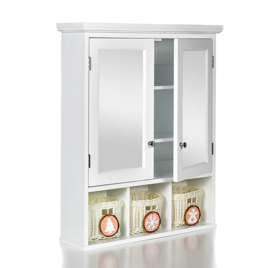 A white bathroom storage cabinet with two mirrored doors, silver knobs, two adjustable shelves, and three open shelves below, each holding a white Christmas-style storage basket with a circular wooden ornament on the front.