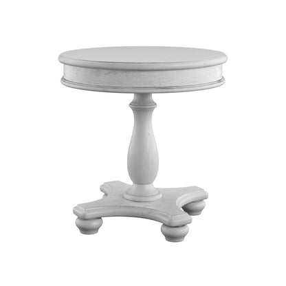The Mariano - Round End Table in gray features a circular wooden top with a central pedestal and four-legged base, shown against a white background.
