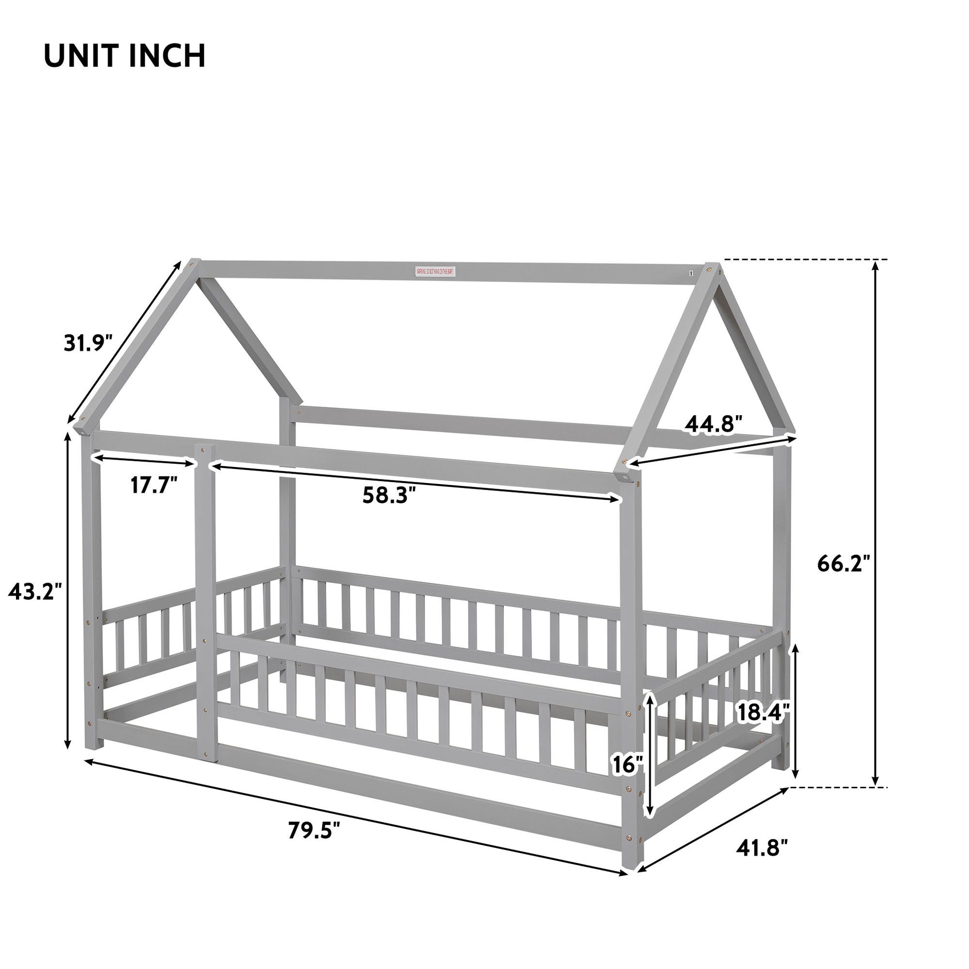 The Floor Wooden Bed With House Roof Frame and Fence Guardrails, shown in gray, features open sides and railings with labeled dimensions: 79.5" length, 41.8" width, 66.2" height, plus measurements of various frame sections.