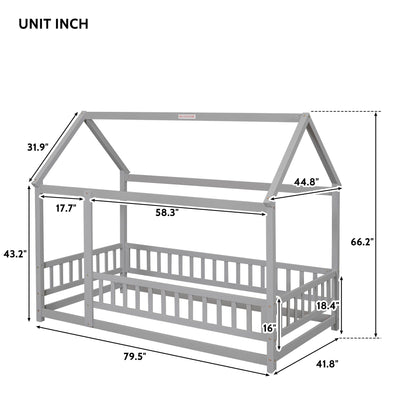 The Floor Wooden Bed With House Roof Frame and Fence Guardrails, shown in gray, features open sides and railings with labeled dimensions: 79.5" length, 41.8" width, 66.2" height, plus measurements of various frame sections.