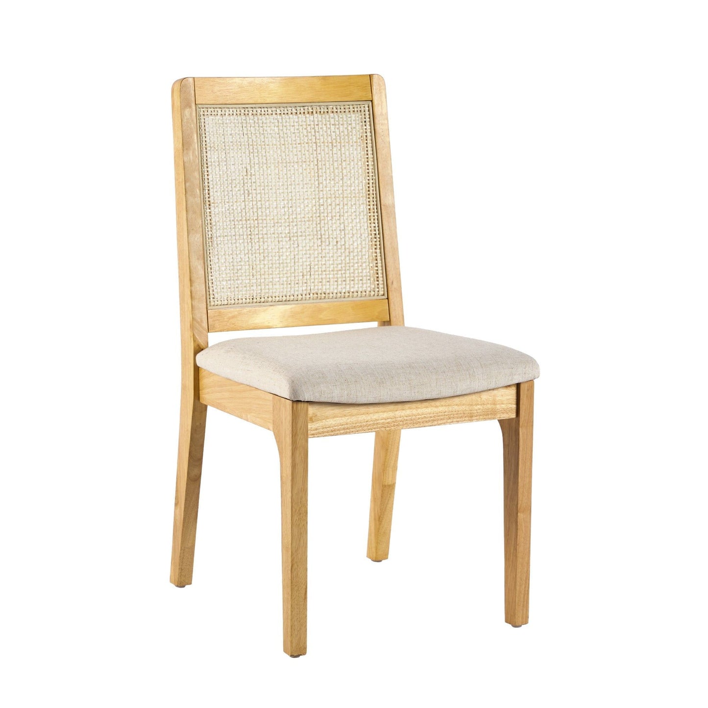 The Modern Solid Wood Dining Chair With Rattan Inset Back (Set of 2) features a light wood frame, woven rattan backrest, and cushioned beige seat, displayed against a white background.