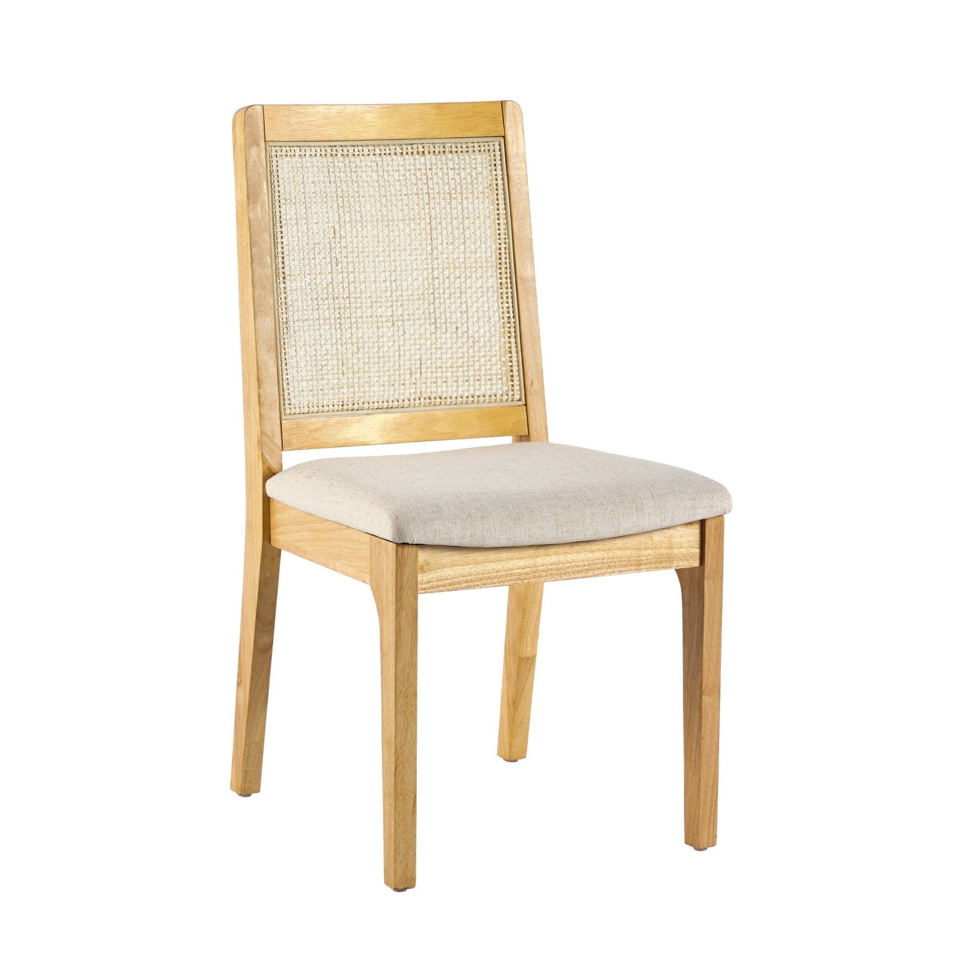 The Modern Solid Wood Dining Chair With Rattan Inset Back (Set of 2) features a light wood frame, woven rattan backrest, and cushioned beige seat, displayed against a white background.