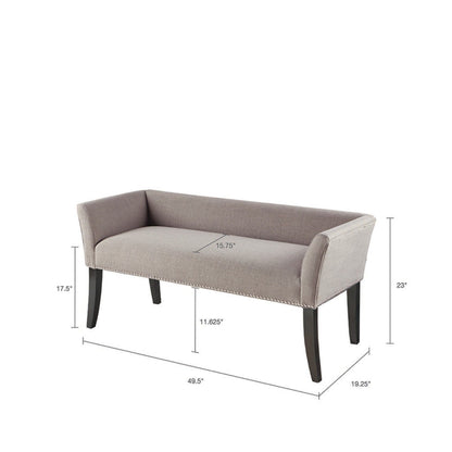 The Elegant Design Bench Upholstery features a gray upholstered seat, armrests, low back, and dark wooden legs. Dimensions: 49.5"W x 19.25"D x 23"H; seat height: 17.5", seat depth: 15.75", leg height: 11.625".