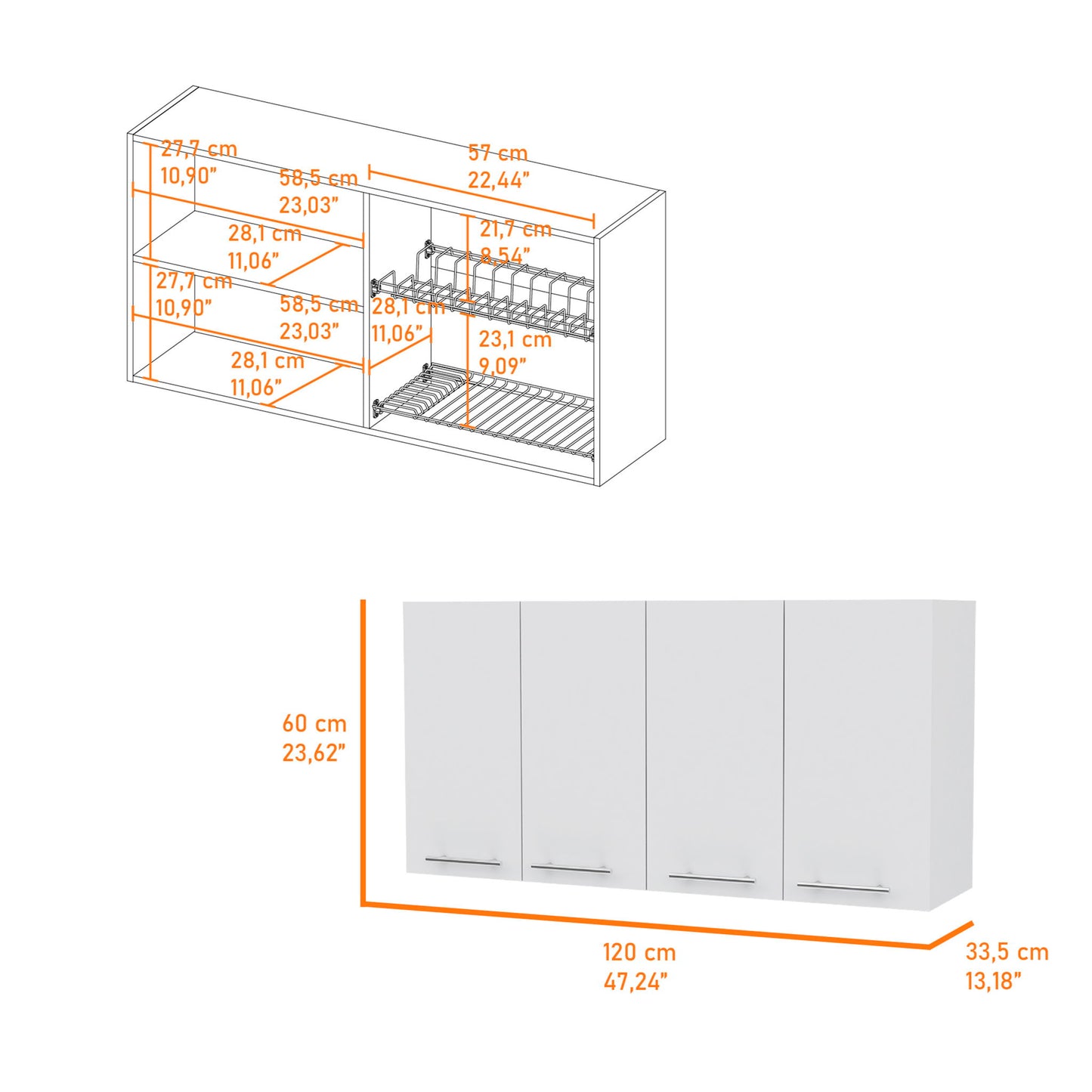 Line drawing and photo of the Kitchen Cabinet Durham Four Doors - White, with measurements: height 60 cm, width 120 cm, depth 33.5 cm. Internal shelf dimensions are shown in both centimeters and inches.