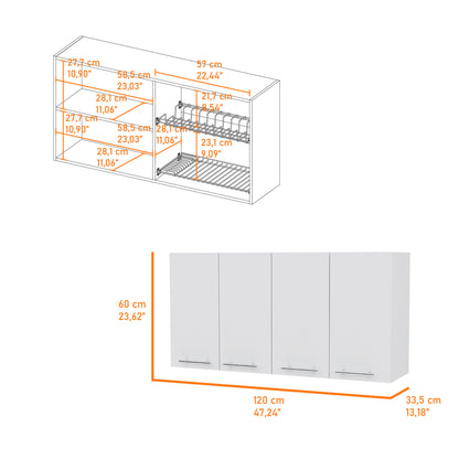 Line drawing and photo of the Kitchen Cabinet Durham Four Doors - White, with measurements: height 60 cm, width 120 cm, depth 33.5 cm. Internal shelf dimensions are shown in both centimeters and inches.