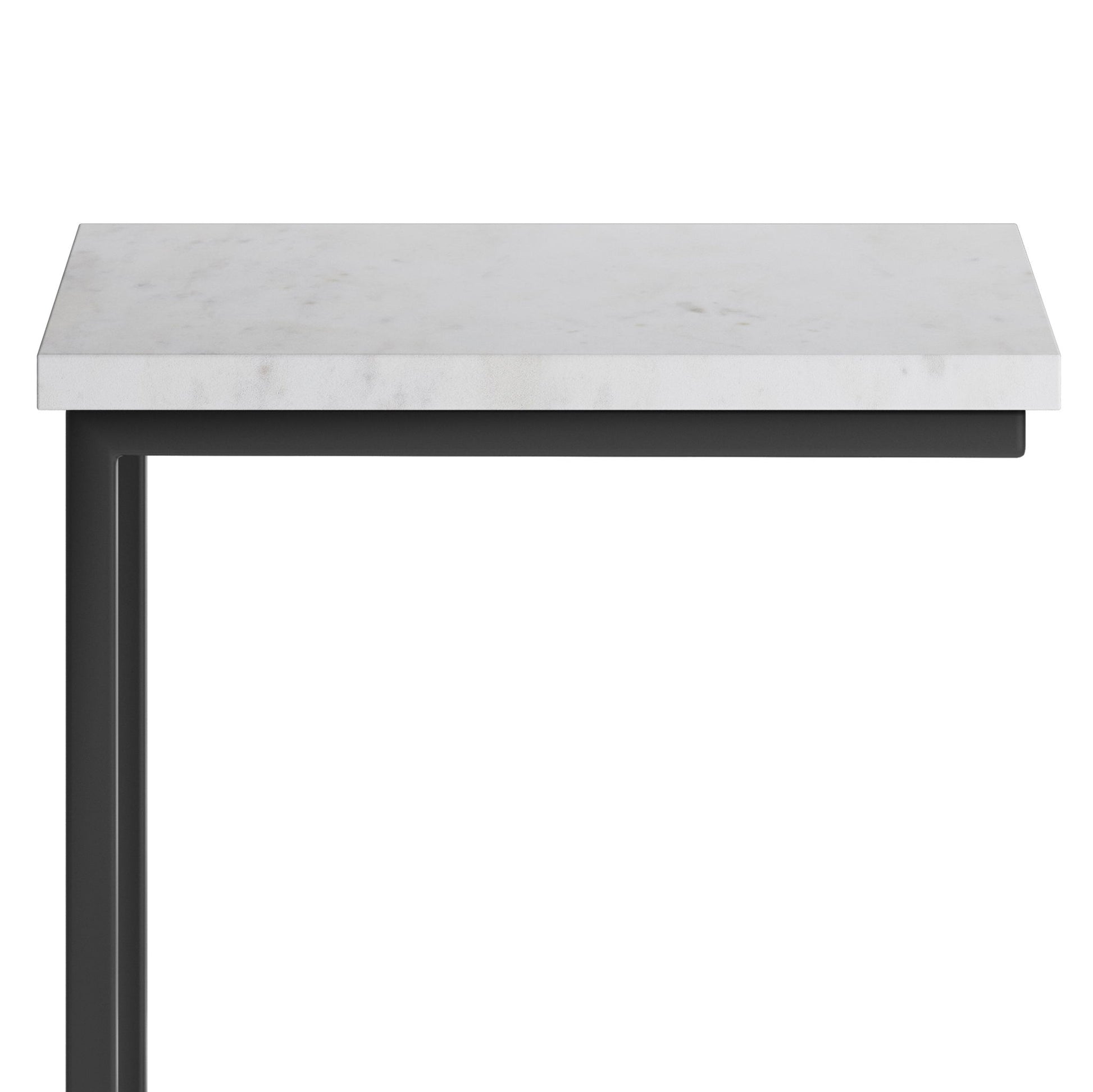 The Skyler - Handcrafted C Side Table features a rectangular white marble top and black metal frame, displayed from the side against a plain white background.