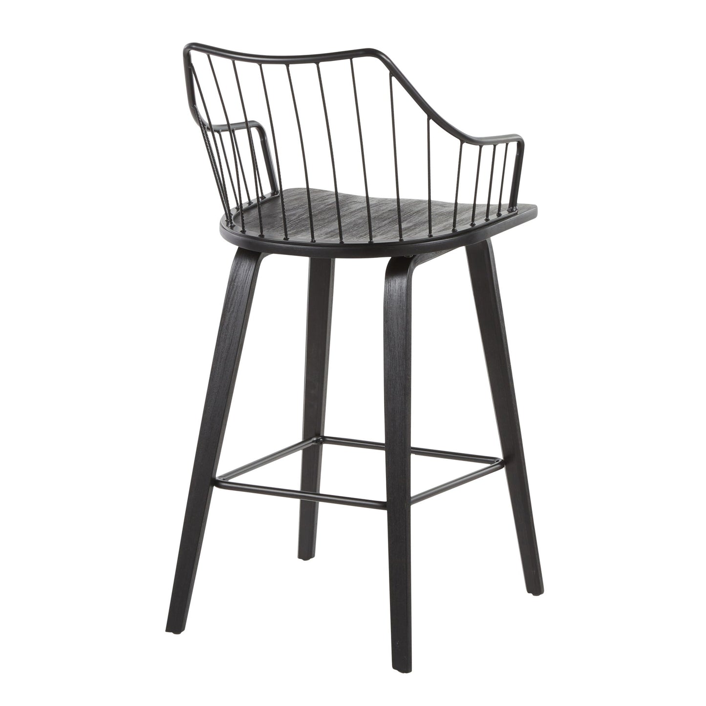 The Winston - Farmhouse Counter Stool features a modern black design with a wooden seat, metal wire backrest and arms, and four angled wooden legs joined by a metal footrest.