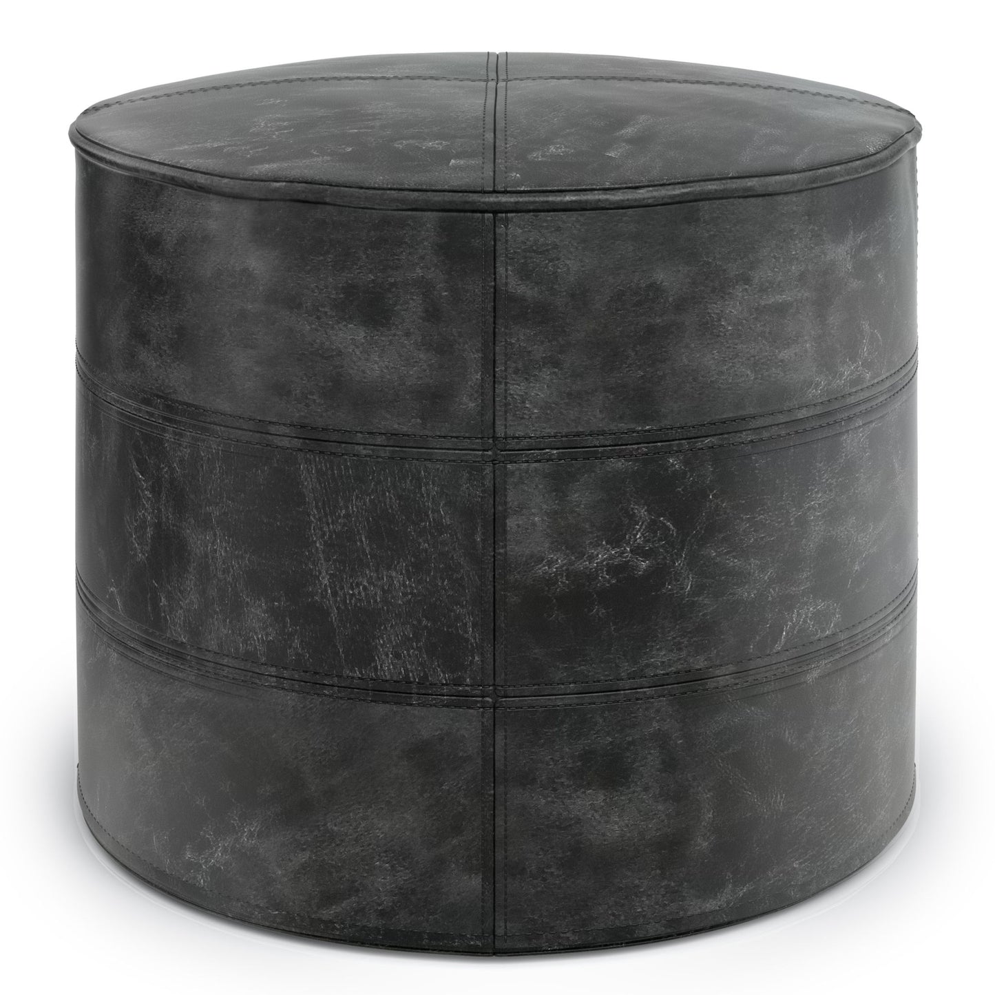 The Connor - Handcrafted Round Pouf is a black leather ottoman with visible stitching and a slightly distressed finish, displayed against a white background.