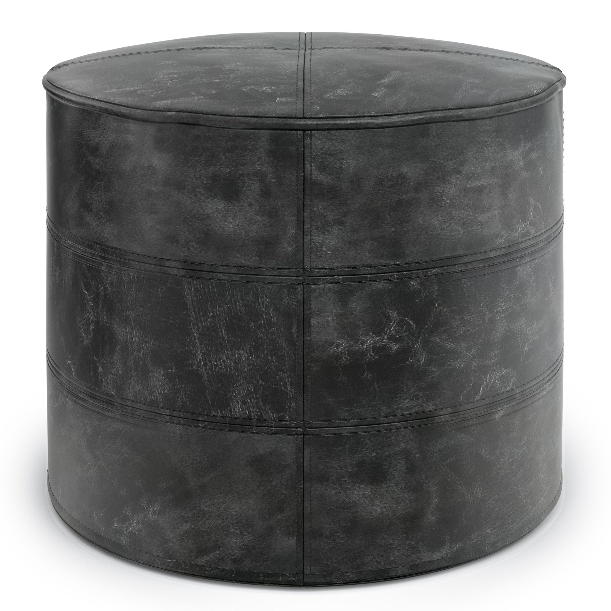 The Connor - Handcrafted Round Pouf is a black leather ottoman with visible stitching and a slightly distressed finish, displayed against a white background.