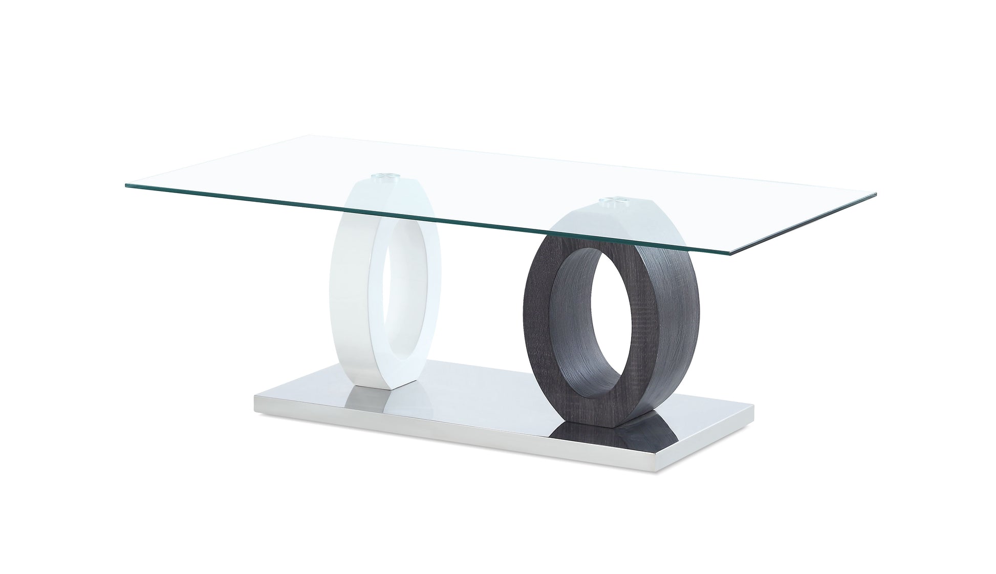 The Couch.com Tracker Coffee Table features a modern, durable wood construction with a white finish and brown accents, showcasing a rectangular glass top and dual oval bases on a sturdy platform for contemporary style.