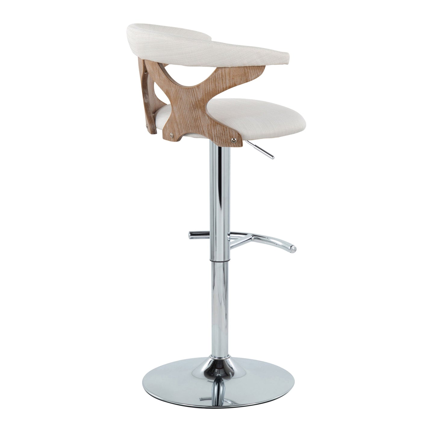 The Gardenia Contemporary Adjustable Barstool Set of 2 features a chrome pedestal base, light wood curved cut-out backrest, white upholstered seat, swivel function, and unique rounded T footrest. Side view highlights the distinctive wooden back support.