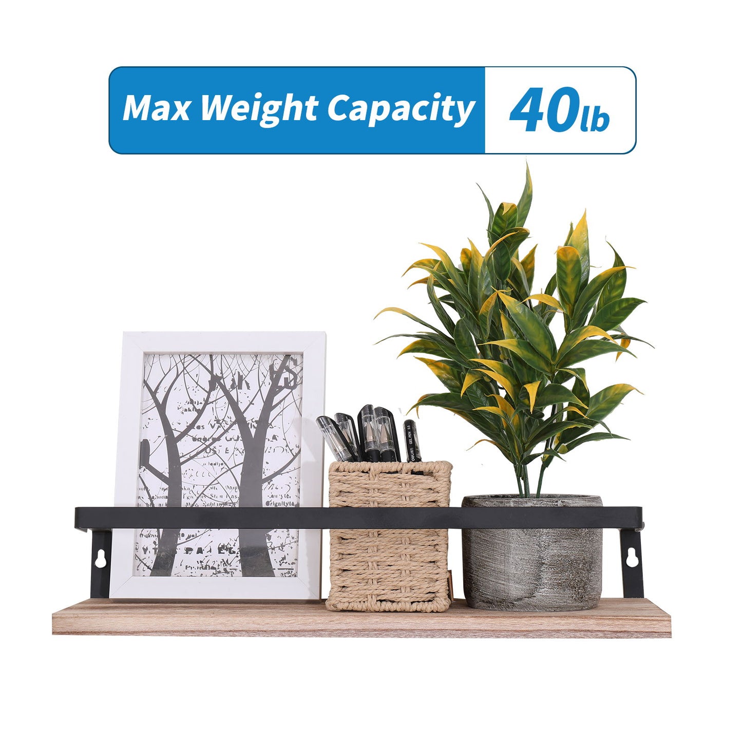 Floating Shelves, Long Wall Shelves (Set of 2) in natural wood, wall-mounted with brackets for the bedroom; displayed holding décor and kitchen items. Max weight capacity: 40 lb.