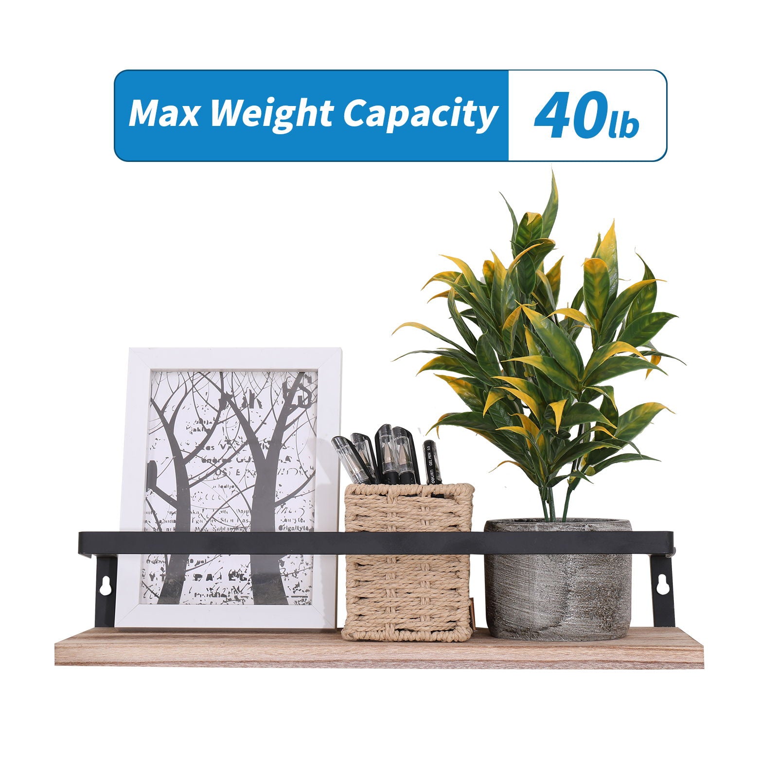 Floating Shelves, Long Wall Shelves (Set of 2) in natural wood, wall-mounted with brackets for the bedroom; displayed holding décor and kitchen items. Max weight capacity: 40 lb.
