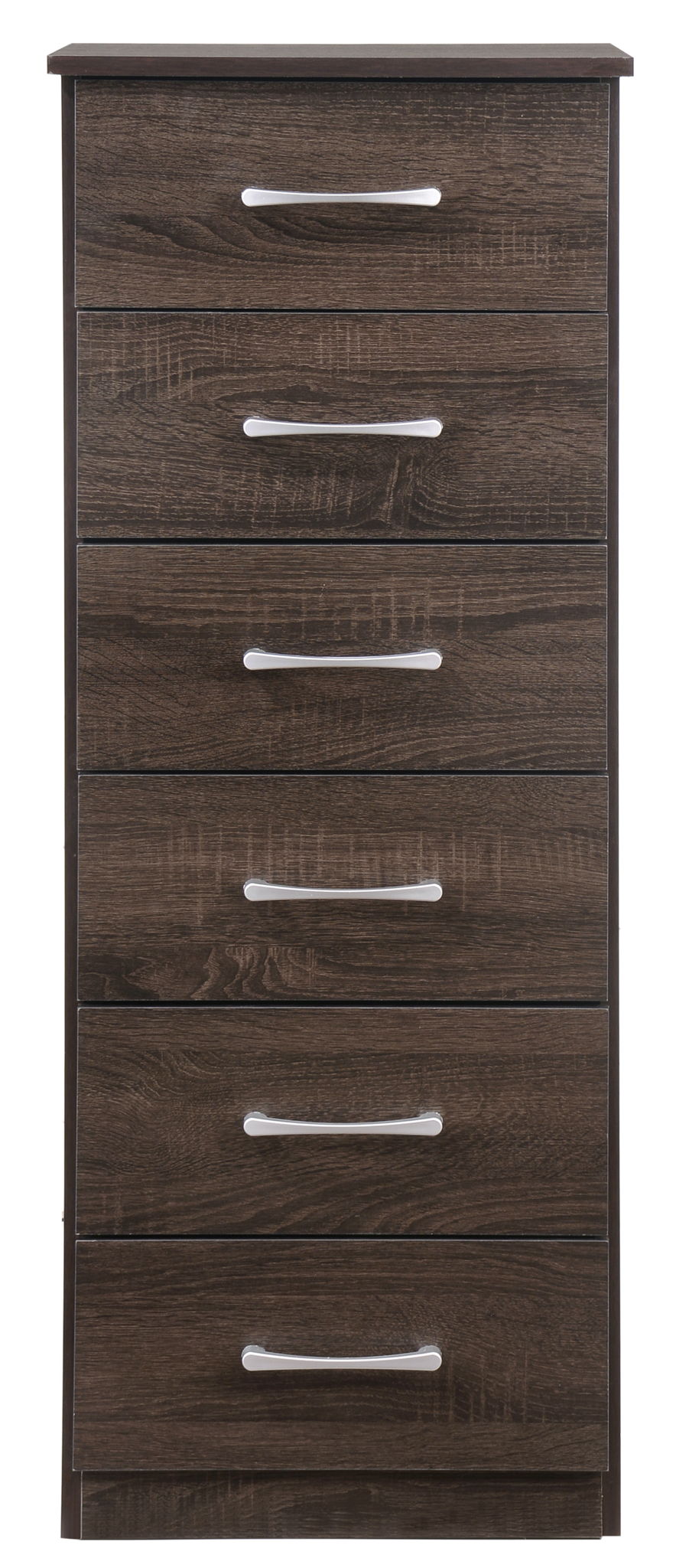 The Boston Lingerie Chest is a tall, dark brown wooden dresser with six drawers, each featuring a horizontal silver handle, displayed against a white background.