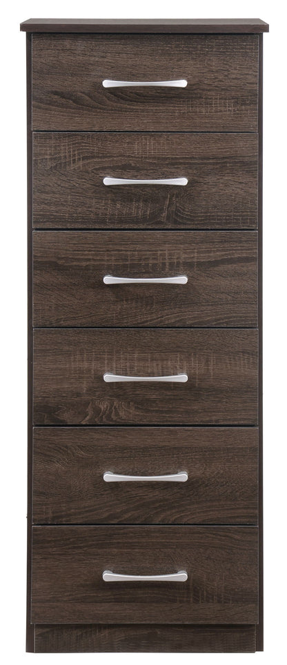 The Boston Lingerie Chest is a tall, dark brown wooden dresser with six drawers, each featuring a horizontal silver handle, displayed against a white background.