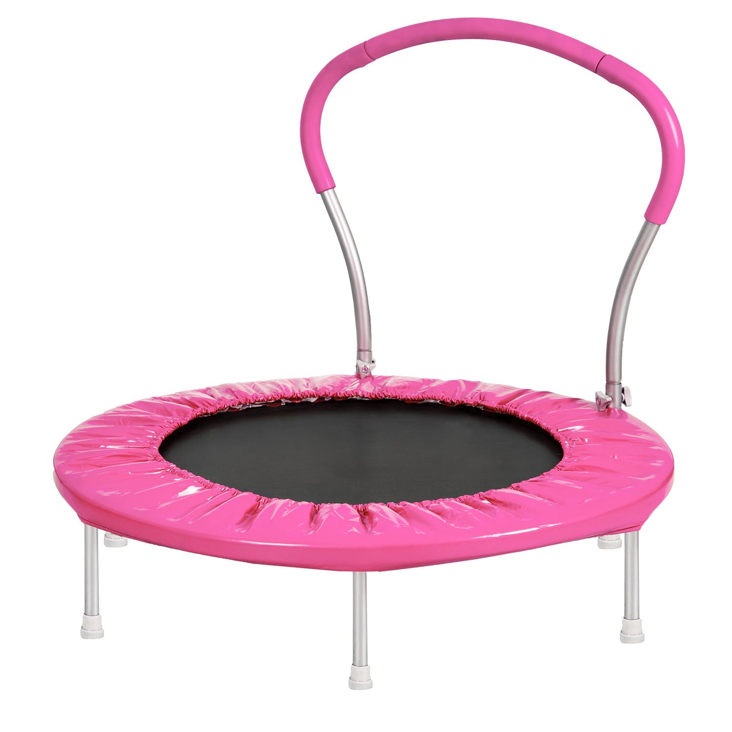 The Kangle Store Trampoline With Handle is a small pink trampoline for children, featuring a black jumping surface, curved pink handlebar, and six white legs.