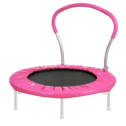 The Kangle Store Trampoline With Handle is a small pink trampoline for children, featuring a black jumping surface, curved pink handlebar, and six white legs.