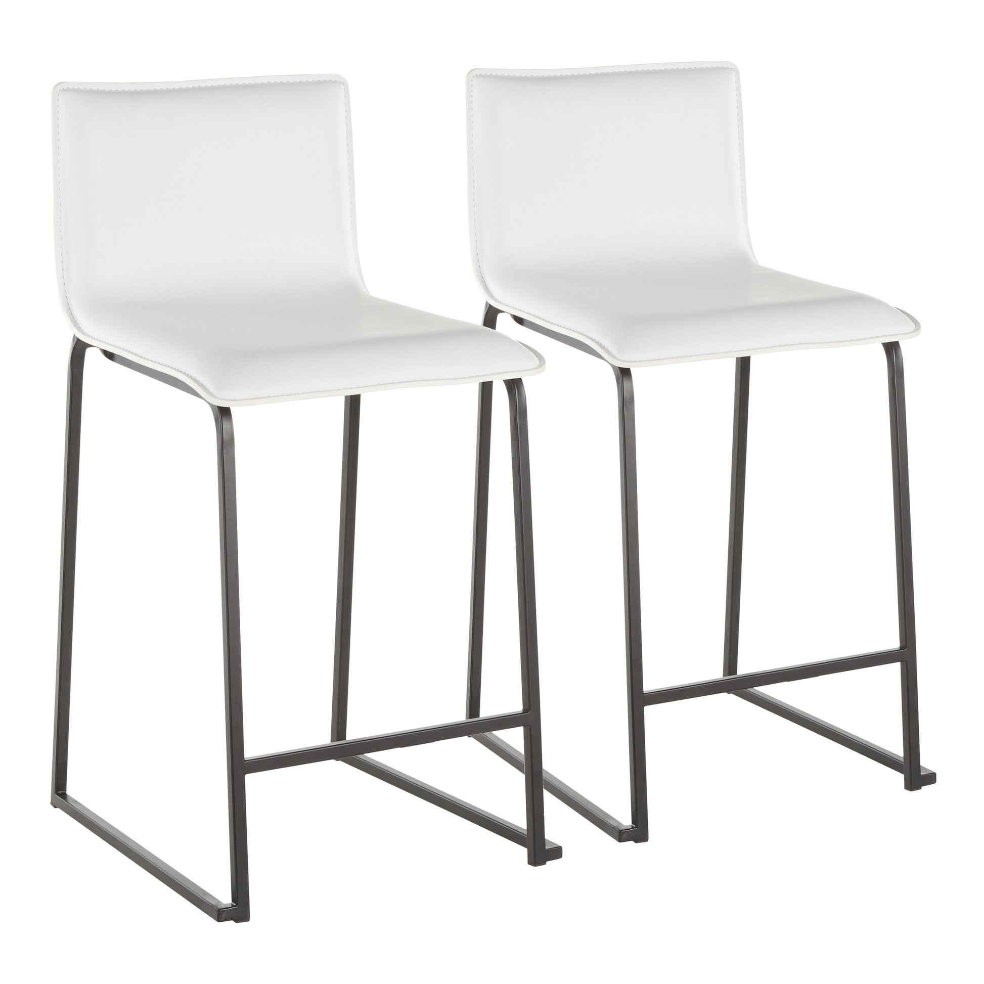 The Mara Upholstered Contemporary Counter Stool set features two sleek, minimalist bar stools with white cushioned seats and black metal legs, perfect for modern interiors.