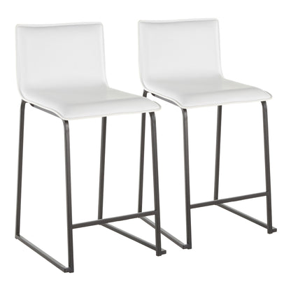 The Mara Upholstered Contemporary Counter Stool set features two sleek, minimalist bar stools with white cushioned seats and black metal legs, perfect for modern interiors.