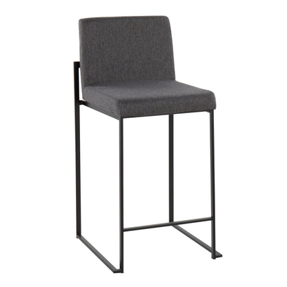 The Fuji - Contemporary Modern Elegance High Back Counter Stool features a dark gray cushioned seat and backrest, complemented by a sleek black metal frame and footrest for a stylish, modern look.