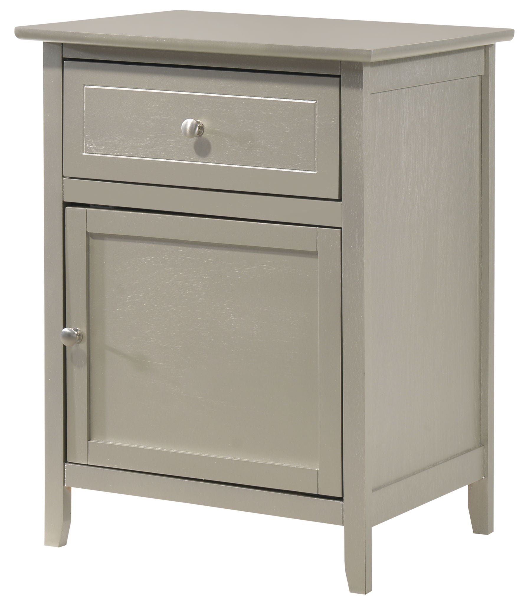 The Izzy 1 Drawer/1 Door Nightstand is a compact, rectangular piece in light gray wood, featuring a top drawer and a lower cabinet door, both accented with round silver knobs.