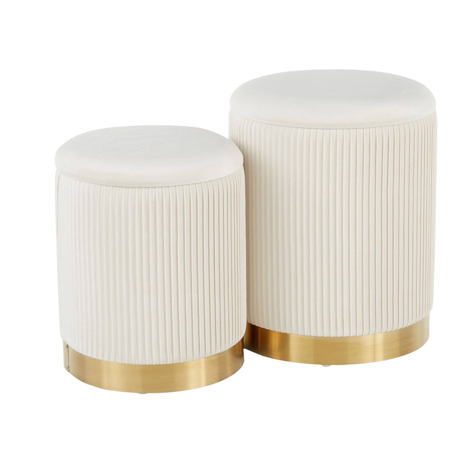 The Marla Contemporary Nesting Pleated Ottoman Set features two elegant, round ottomans with white pleated fabric upholstery and smooth gold-toned bases, one slightly taller than the other, both exuding modern sophistication.