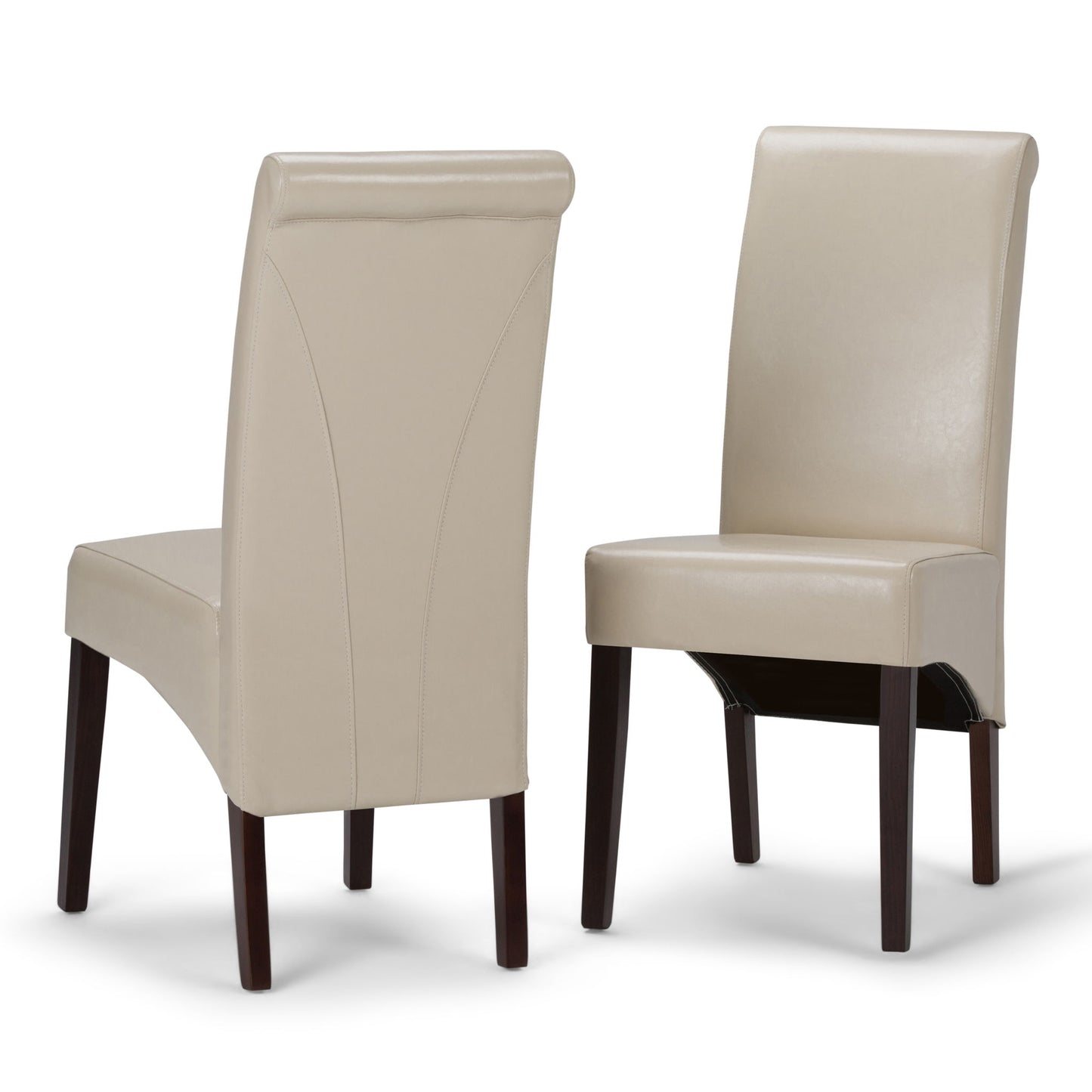 The Avalon Deluxe Parson Dining Chair set includes two beige upholstered chairs with dark wooden legs, shown front and back against a white background.