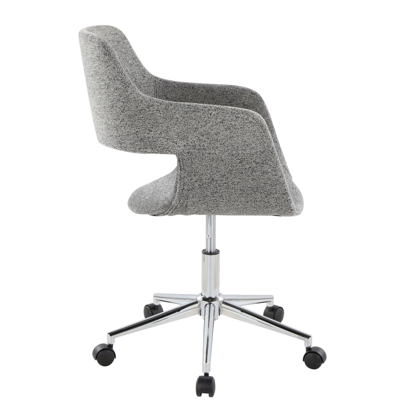 The Margarite - Contemporary Office Task Chair features modern gray upholstery, a curved backrest, chrome base, and five black caster wheels, shown from behind.