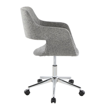 The Margarite - Contemporary Office Task Chair features modern gray upholstery, a curved backrest, chrome base, and five black caster wheels, shown from behind.