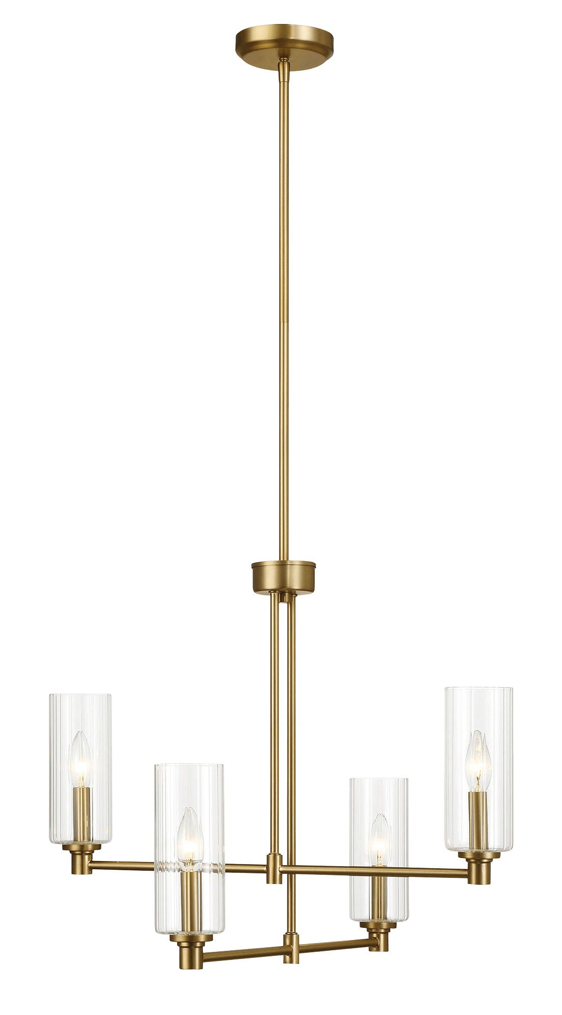 The Enigma chandelier in antique brass, clear ribbed satin, and gold features four cylindrical glass shades with light bulbs, a central rod to ceiling mount connection, and two horizontal arms forming a cross shape.