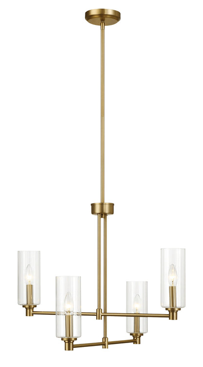 The Enigma chandelier in antique brass, clear ribbed satin, and gold features four cylindrical glass shades with light bulbs, a central rod to ceiling mount connection, and two horizontal arms forming a cross shape.