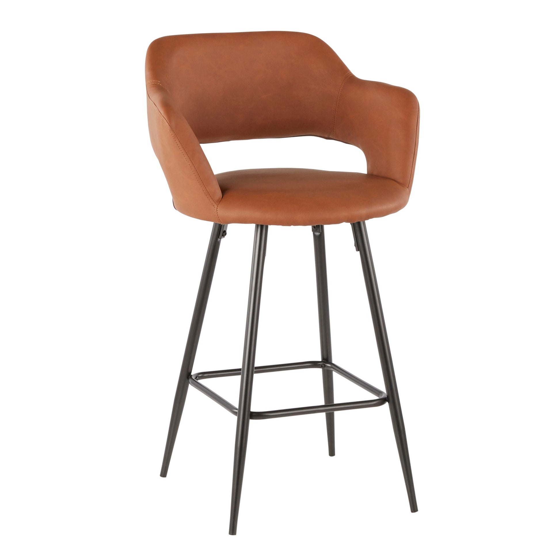 The Margarite Contemporary Counter Stool (Set of 2) features a brown cushioned seat and backrest, complemented by black metal legs and a footrest for modern style and comfort.