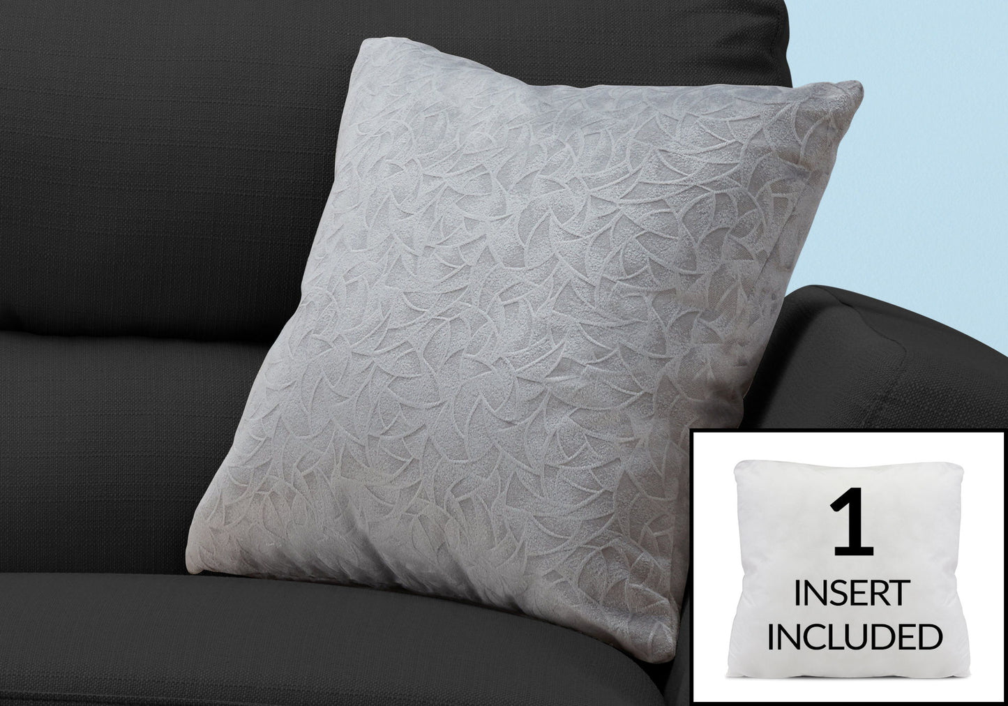 The Pillow Square, Insert Included, Decorative Throw, Hypoallergenic in textured light gray sits on a dark gray sofa. An inset image displays the included white hypoallergenic insert labeled "1 INSERT INCLUDED.