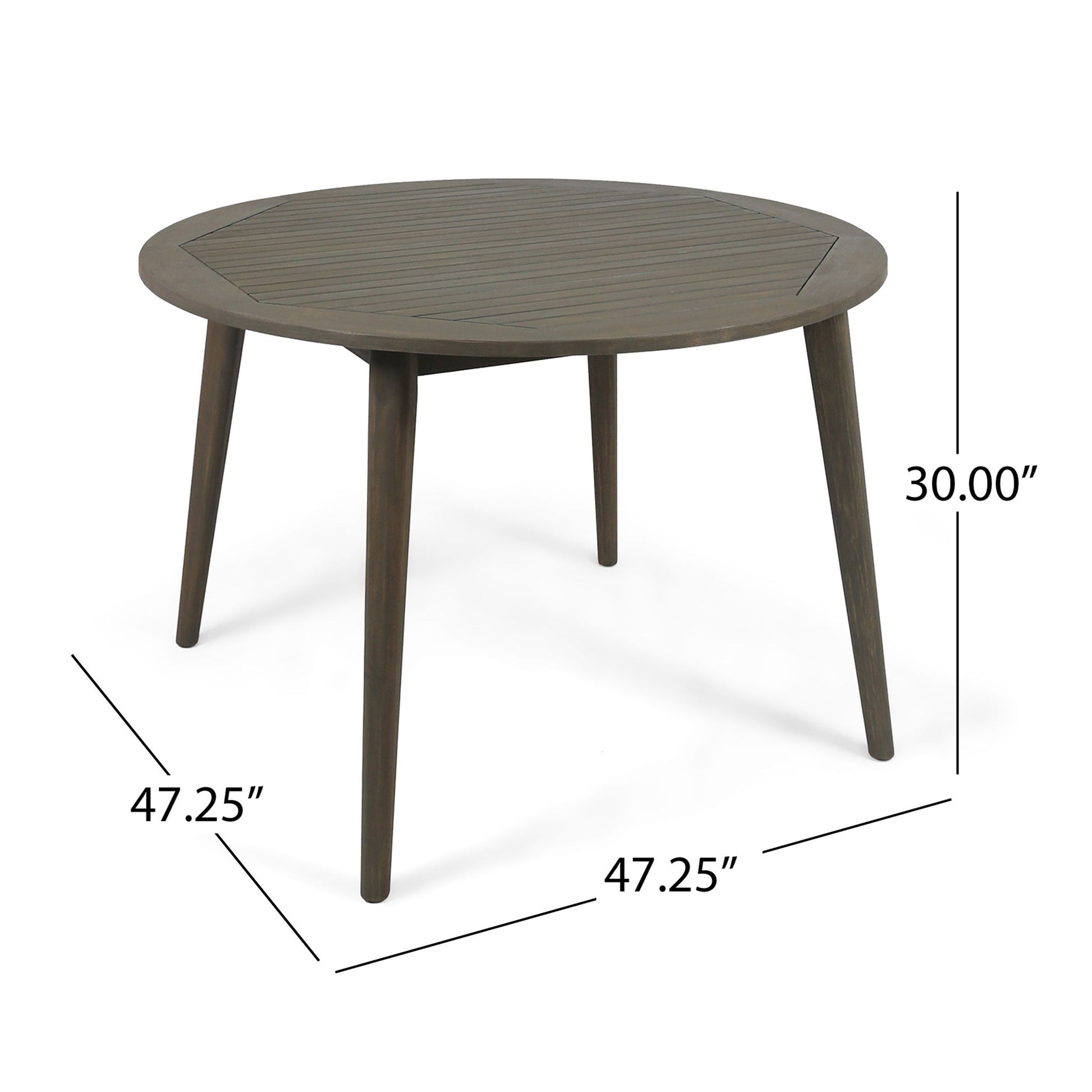 The Stamford - Outdoor Dining Table Modern Design features a round wooden top with four angled legs, measuring 30 inches in height and 47.25 inches in diameter, as shown by the measurement labels.