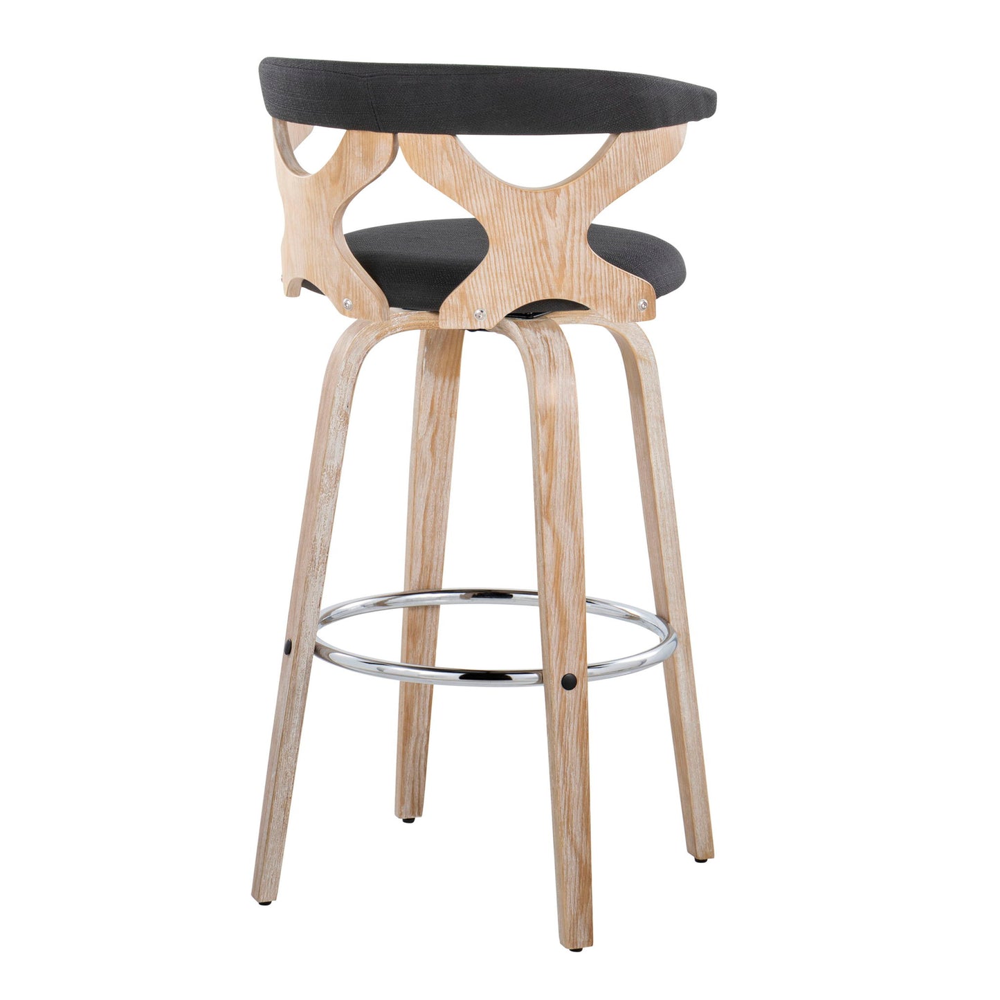 The Gardenia Contemporary Fixed Height Barstool features a curved wooden frame, open backrest, black cushioned seat, angled legs, swivel function, and a round chrome footrest; sold as a set of 2.