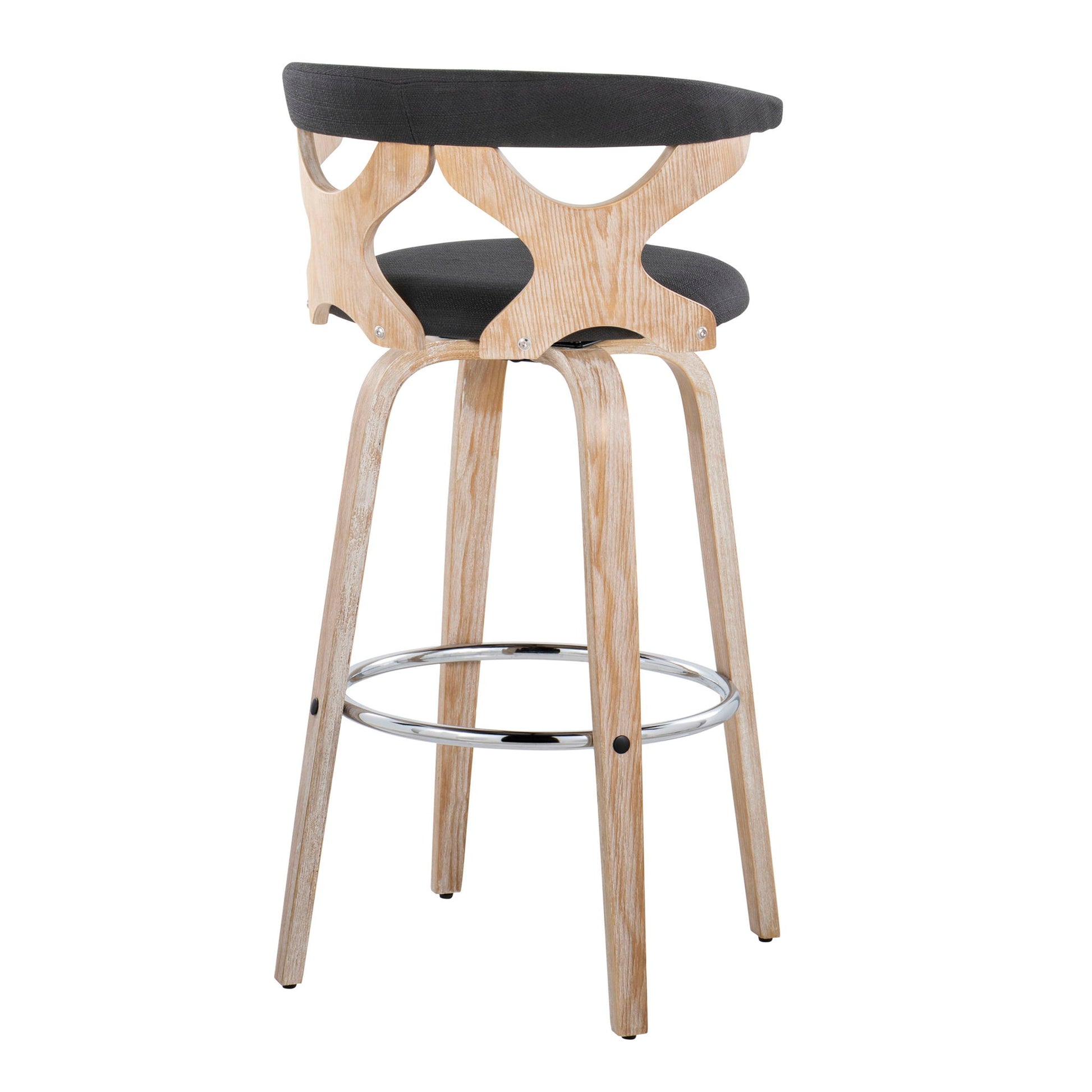 The Gardenia Contemporary Fixed Height Barstool features a curved wooden frame, open backrest, black cushioned seat, angled legs, swivel function, and a round chrome footrest; sold as a set of 2.