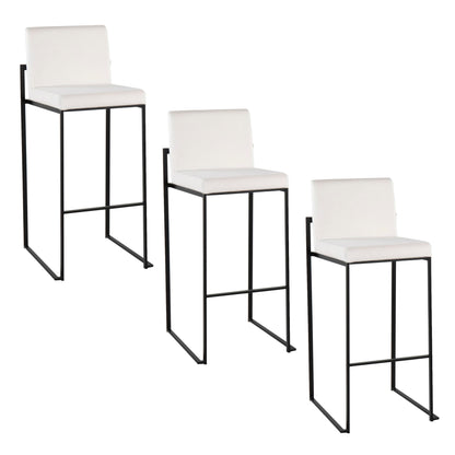 Three Fuji Contemporary High Back Barstools with white cushioned seats and backs, elegant design, and black metal frames are arranged in a row on a white background.