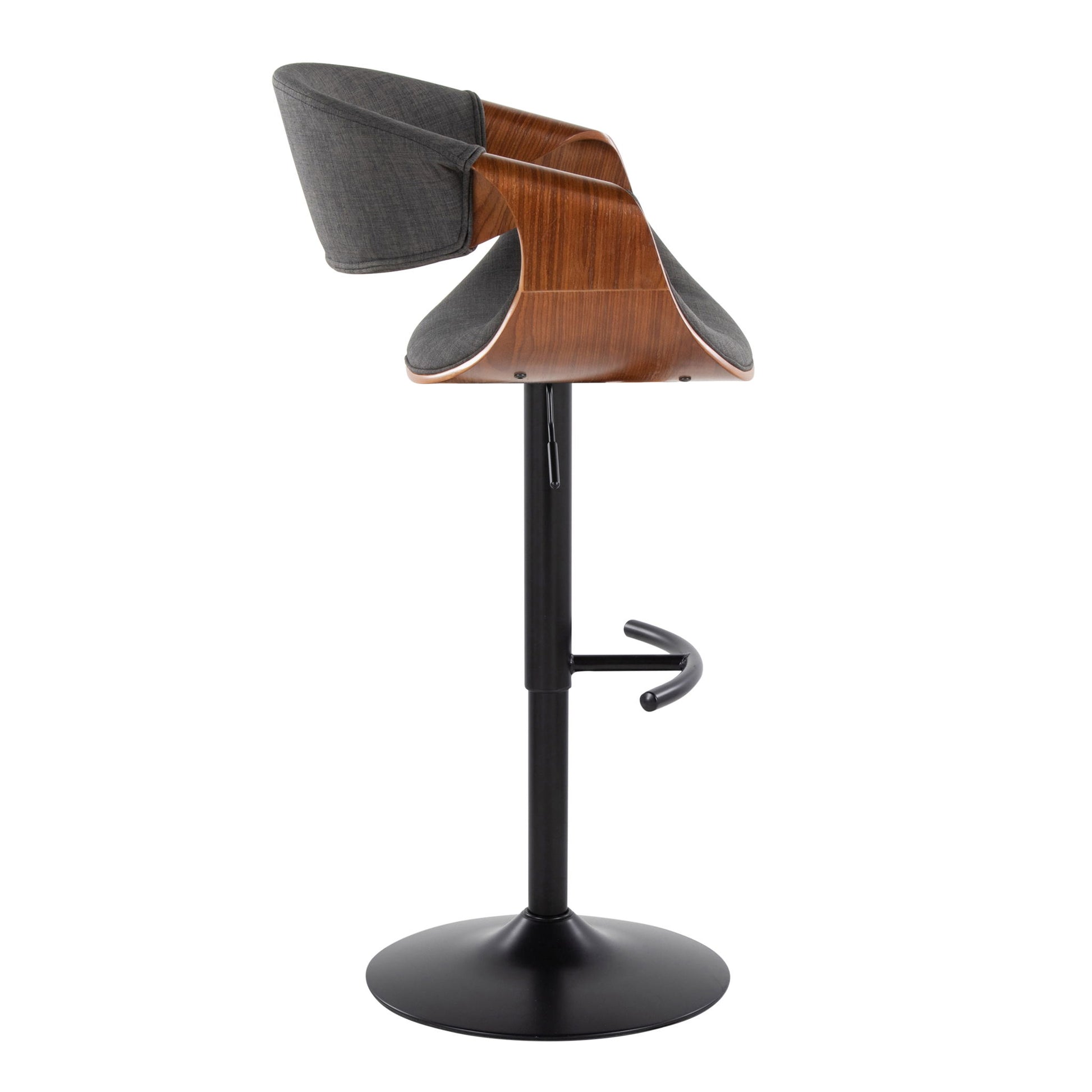 The Curvo Mid Century Modern Adjustable Barstool (Set of 2) features a swivel, dark gray cushioned seat, curved wooden backrest, black metal base, and a rounded T footrest, shown in side profile.