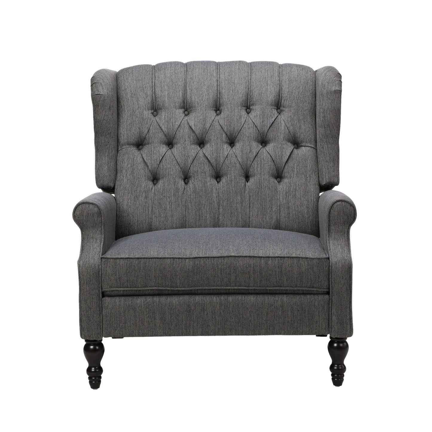 The Dunham Contemporary Fabric Tufted Oversized Pushback Recliner features a gray upholstered design, button-tufted backrest, rolled arms, and dark wooden legs.
