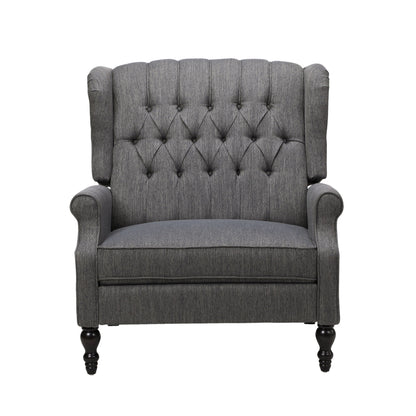 The Dunham Contemporary Fabric Tufted Oversized Pushback Recliner features a gray upholstered design, button-tufted backrest, rolled arms, and dark wooden legs.