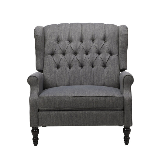 The Dunham Contemporary Fabric Tufted Oversized Pushback Recliner features a gray upholstered design, button-tufted backrest, rolled arms, and dark wooden legs.