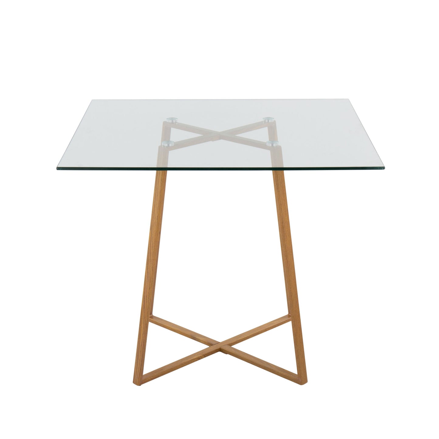 The Cosmo Contemporary Square Dining Table features a glass top and wooden base with crossed legs, displayed against a plain white background.
