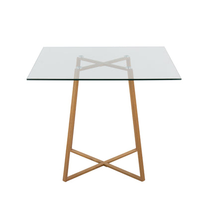 The Cosmo Contemporary Square Dining Table features a glass top and wooden base with crossed legs, displayed against a plain white background.