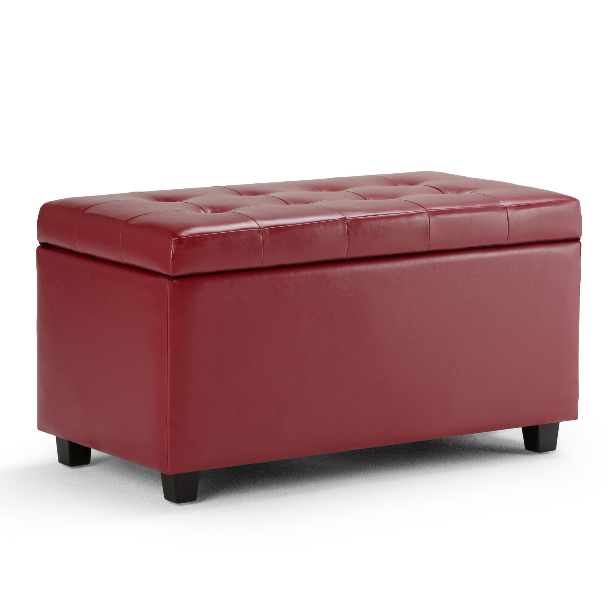 The Cosmopolitan - Upholstered Storage Ottoman features a rectangular red leather design with a tufted top and short black legs, showcased on a plain white background.