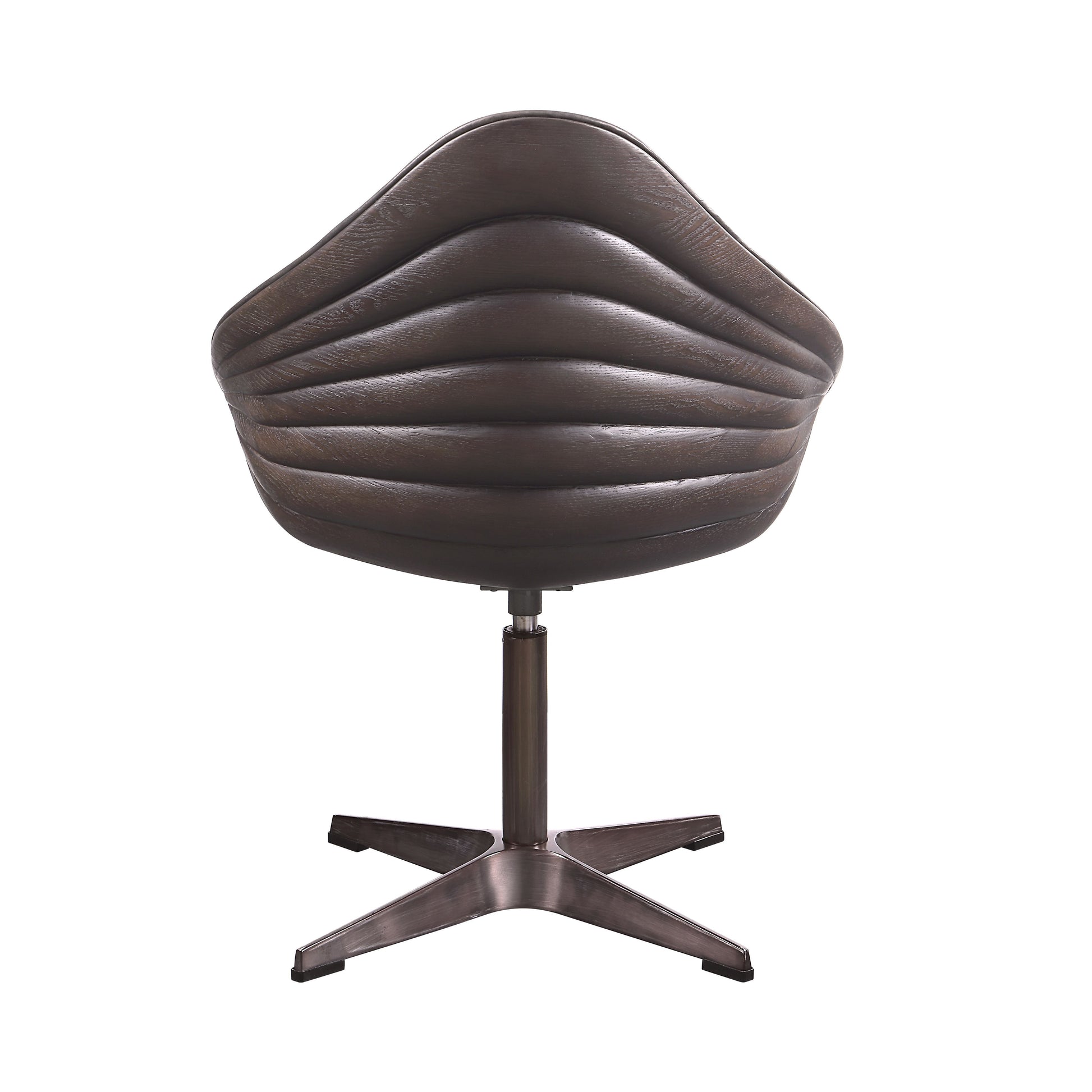 The Couch.com Pipino Top Grain Leather Accent Chair features a dark brown faux leather backrest and a metal swivel base in antique ebony, shown from the back against a white background.