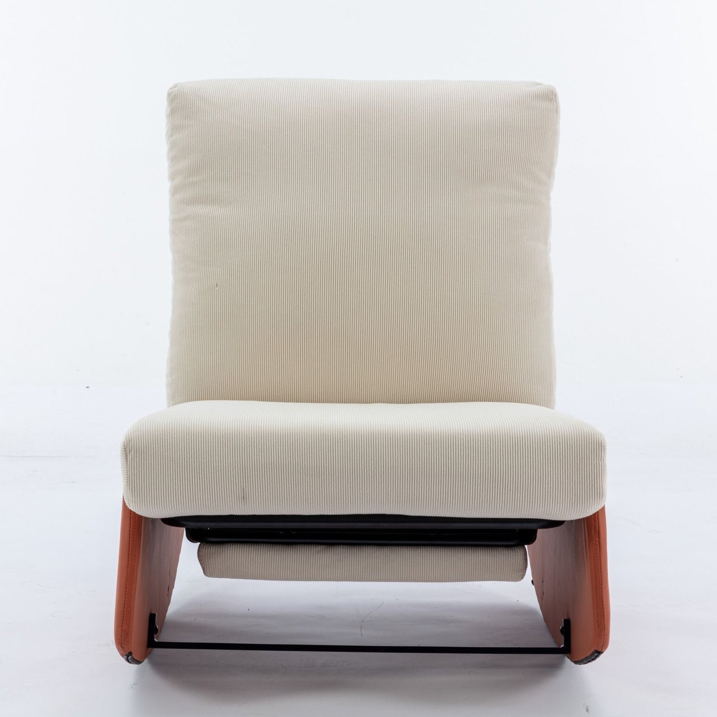 The Modern Rocking Chair Recliner is a comfy upholstered lounge chair with a footrest and low wooden armrests, shown from the front against a plain white background—perfect for relaxing in your living room or bedroom.